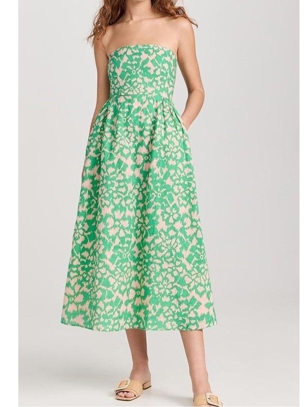 BANJANAN linen midi Strapless Dress, green and cream